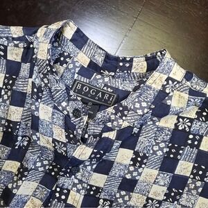 Bogari Studio Mens Medium Silk Shirt Band Collar Checkered Floral Navy